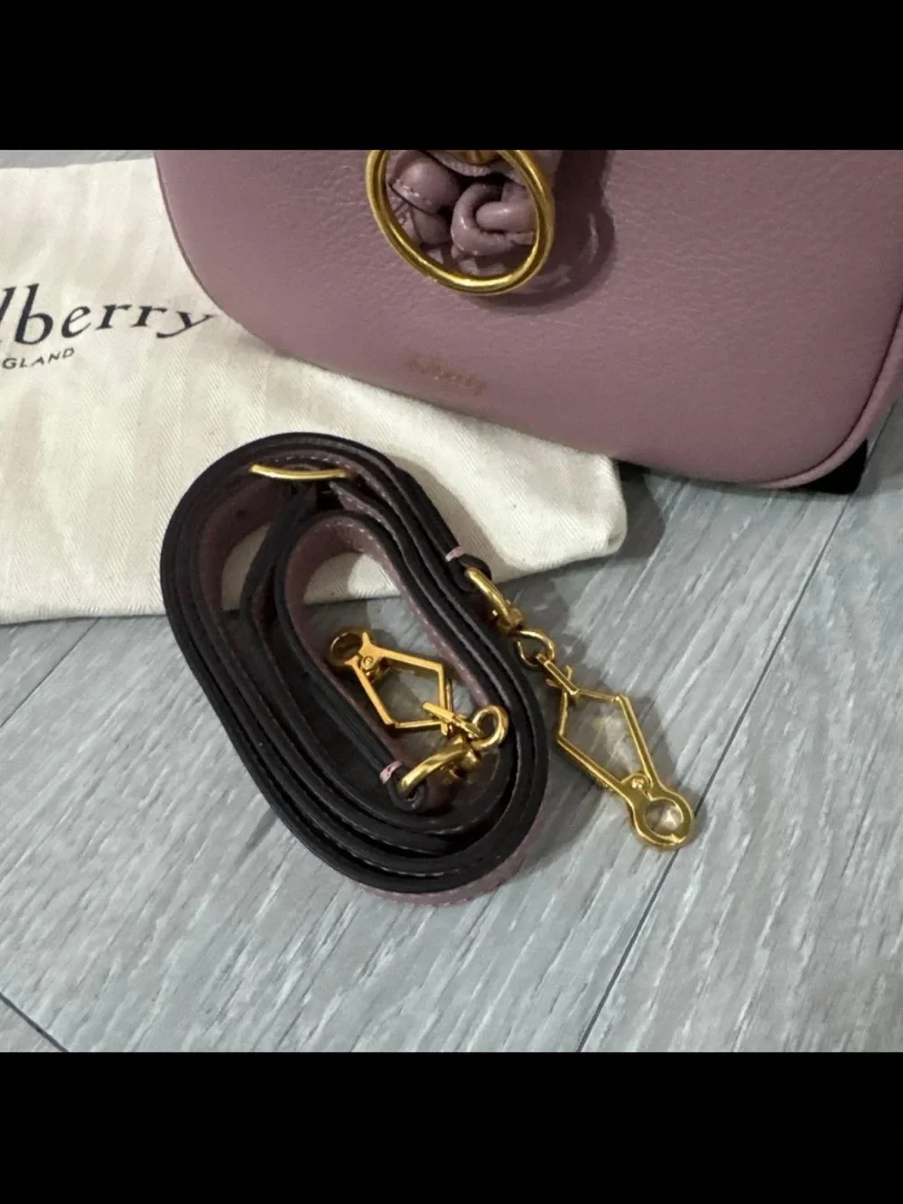 Mulberry Mauve Leather Drawstring Bucket Bag with Braided Handle